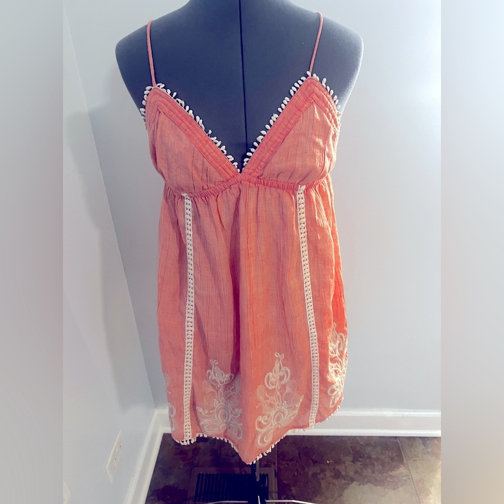Akira Chicago Sz L Orange Embroidered Summer Lined Mini Dress Cover up beach